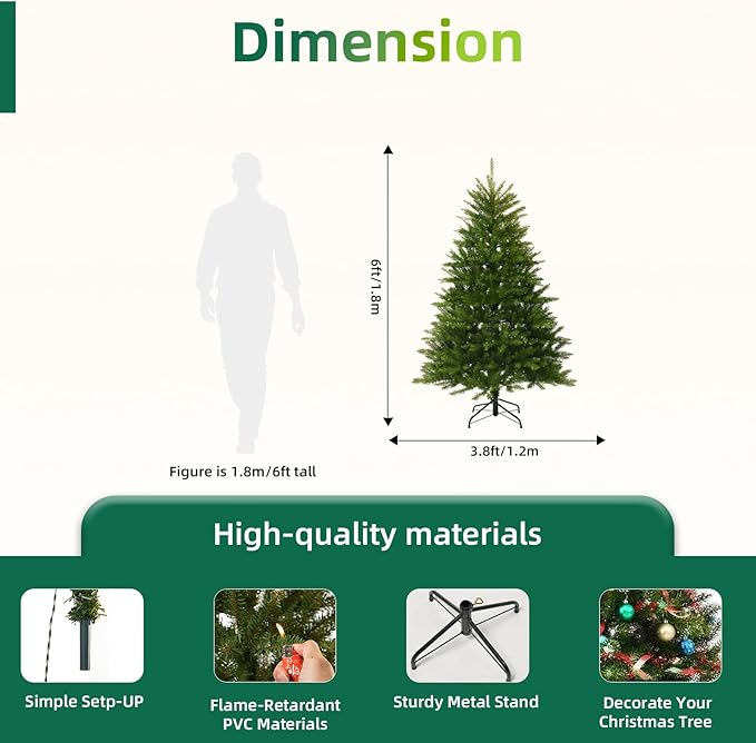 6FT Unlit Christmas Tree Green, Dunhill Fir Artificial Tree with 1430 PVC Branch Tips, Realistic Full Shape, Foldable Metal Stand for Indoor Home, Office & Holiday Decoration