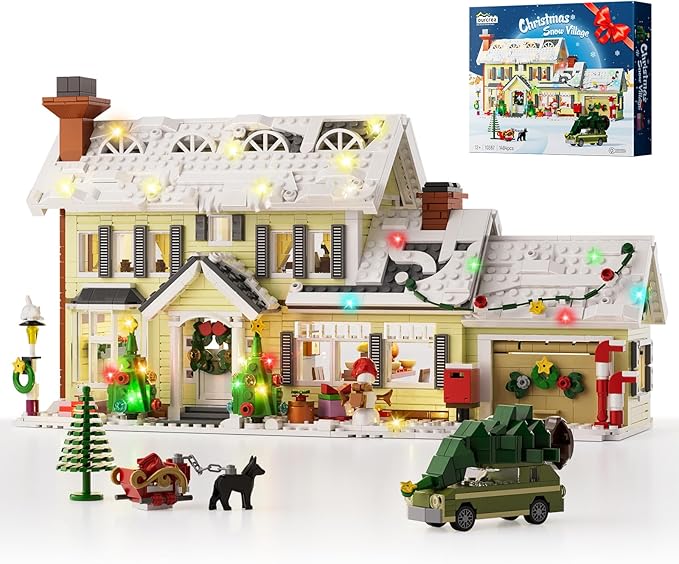 Christmas Holiday House Building Set, DIY Christmas Holiday Snow Village with Clark's Car, Christmas House Compatible with Lego Gifts for Boys, Girls, Family, and Friends (1484pcs)