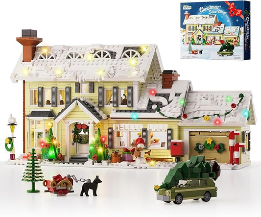 Christmas Holiday House Building Set, DIY Christmas Holiday Snow Village with Clark's Car, Christmas House Compatible with Lego Gifts for Boys, Girls, Family, and Friends (1484pcs)