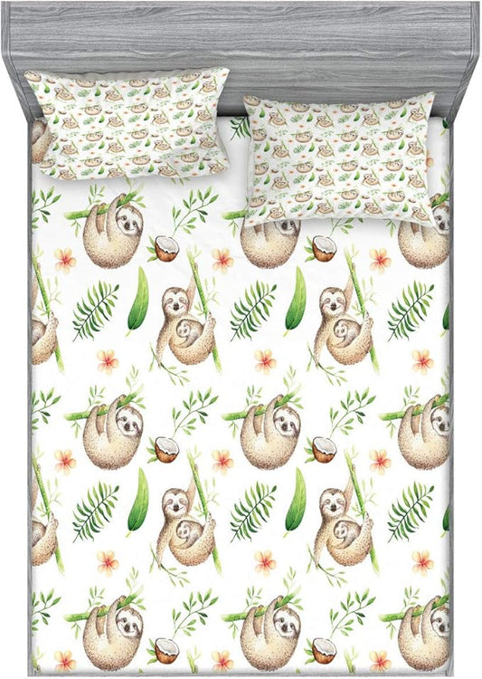 Ambesonne Sloth Fitted Sheet & Pillow Sham Set, Sloth and Mother Soft Colored Flowers Coconut Tree Leaves Happy Family, Decorative Printed 2 Piece Bedding Decor Set, Calking, Pale Brown Green
