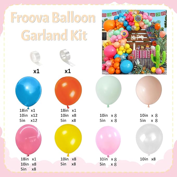 Mexican Fiesta Balloon Arch Kit, 133pcs Blush Pink Turquoise Blue Pastel Green Light Orange Yellow Colorful Balloons Garland for Birthday Carnival Festival Tropical Hawaiian Summer Party Decorations