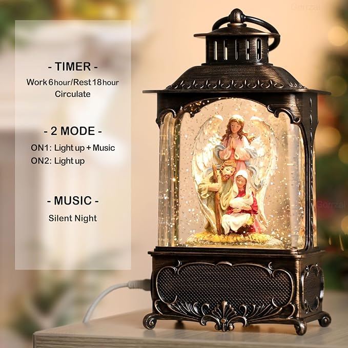 Nativity Snow Globe Angel Christmas Snow Globe Lantern, Lighted Musical Christmas Decorations Indoor for Home with Music 6H Timer Swirling Glitter, Jesus, USB or Battery Operated