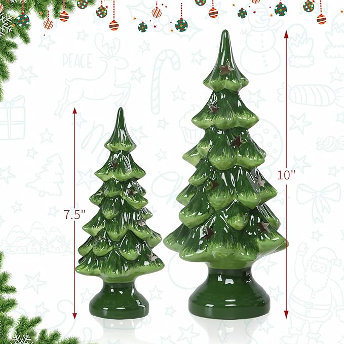 Taman Ceramic Christmas Tree, 2 Pack Tabletop Light Up Decoration with Warm Lights for Christmas Holiday Indoor Decorations