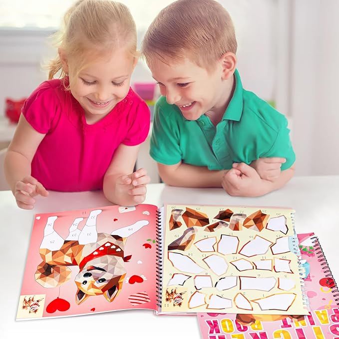 90shine 2PCS Valentines Crafts for Kids Sticker Books - Valentines Gifts Ages 4-8 Bear Dog Themed Design Create 22 Pictures
