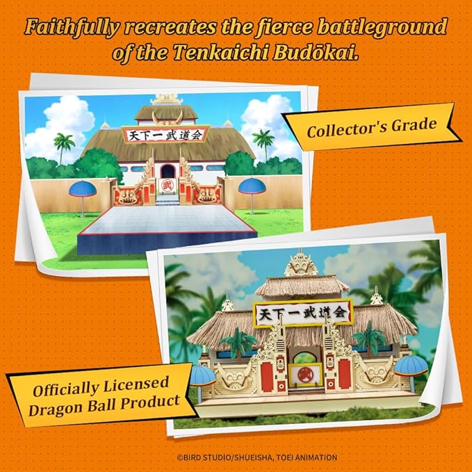 PUREMIND Dragon Ball Tenkaichi Budōkai Wooden Puzzle Kit - Officially Licensed Dragon Anime Tournament World Martial Arts Stage Model with 5 Character Standees Building Set for Adults, Display & Gift
