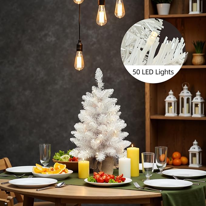 Small Christmas Tree with Lights,2ft Pre Lit Artificial Mini Xmas Tree for Tabletop,Outdoor,Bedroom,Office Decorations,Includes 50 Led Warm Lights,73 PVC Branch Tips,White（Battery Operated）