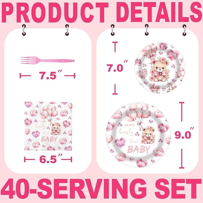 40 Guests We Can Bearly Wait Baby Shower Plates – Pink Teddy Bear Plates and Napkins Set for Girl Baby Shower Decorations