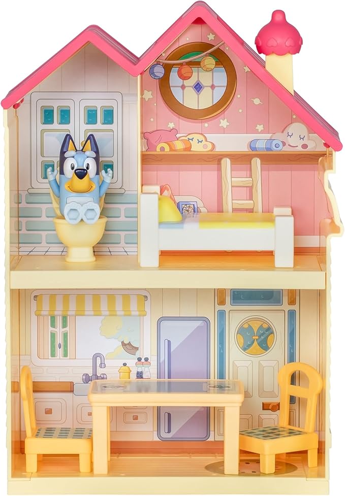 Bluey Mini Home Playset | Compact House Playset with Carry Handle | Three Different Rooms | Kitchen, Bedroom and Bathroom | Includes Figure with 5 Play Pieces