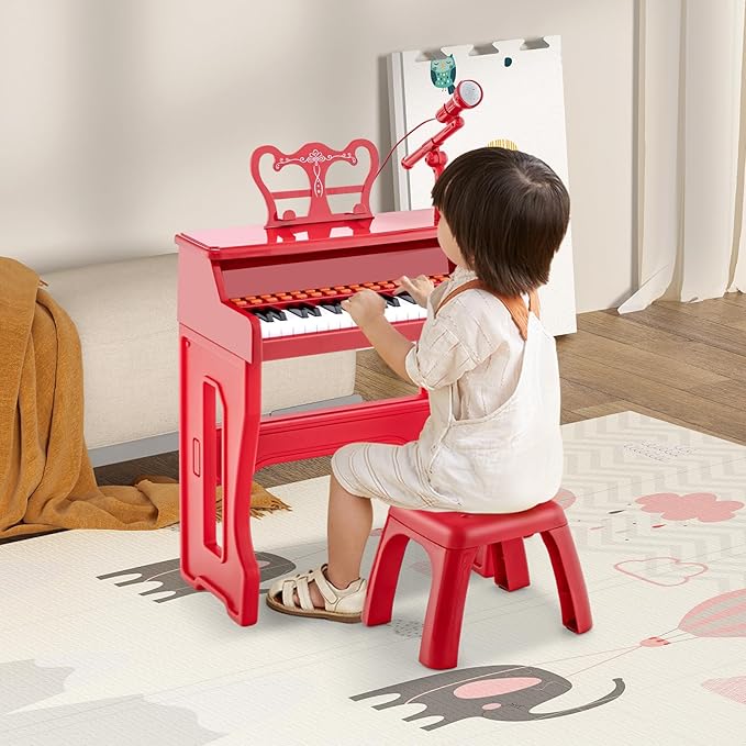 HONEY JOY Kids Piano, 37-Key Red Kids Keyboard Piano w/ Music Stand & Bench, Gift for Babies w/ Microphone, Portable Electronic Educational Musical Instrument, Toddler Piano for Girls Boys