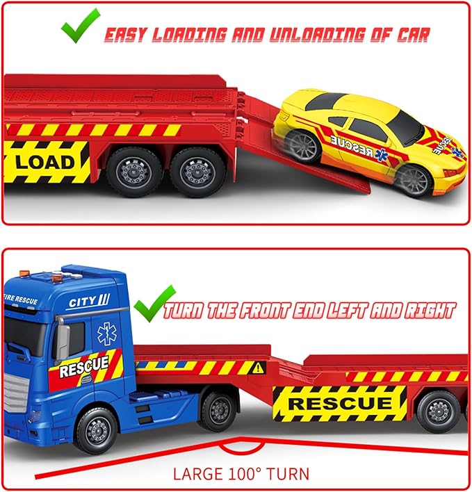 25" Rescue Tow Truck with Racing Car and Helicopter for Toddlers Lights & Sounds Birthday Gift for 3-6 Years Boys and Girls