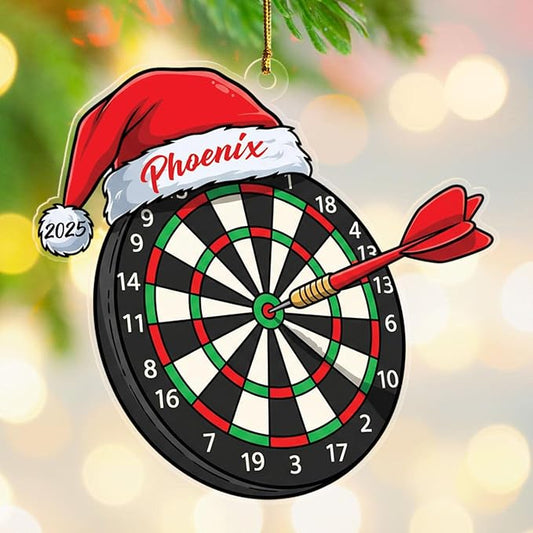 Personalized Dart Board Santa Hat Shaped Xmas Ornament 2025, Dart Board Christmas Ornament Gift for Darts Lover Men Women Dad Mom Daughter Son, Custom Year Name Ornaments for Darts Fans Player Team