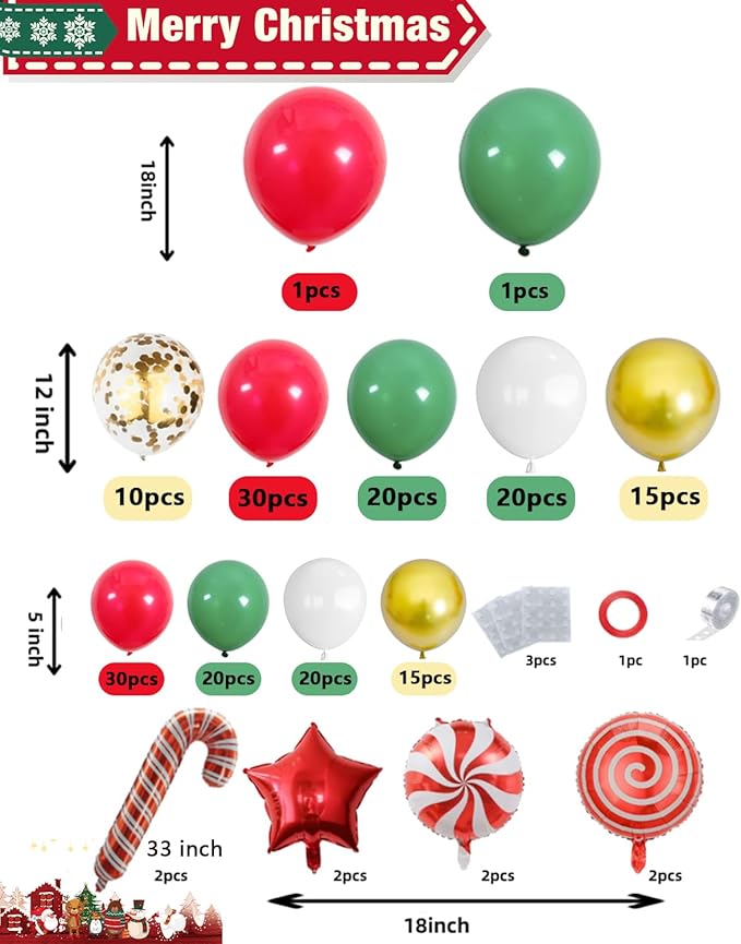 NeoVita Christmas Balloons Garland Arch Kit, 133PCS Red Green White Xmas Balloons Different Sizes 18 12 5 Inch with Candy,Cane,Star Foil Balloons for Christmas Party Decorations Indoor