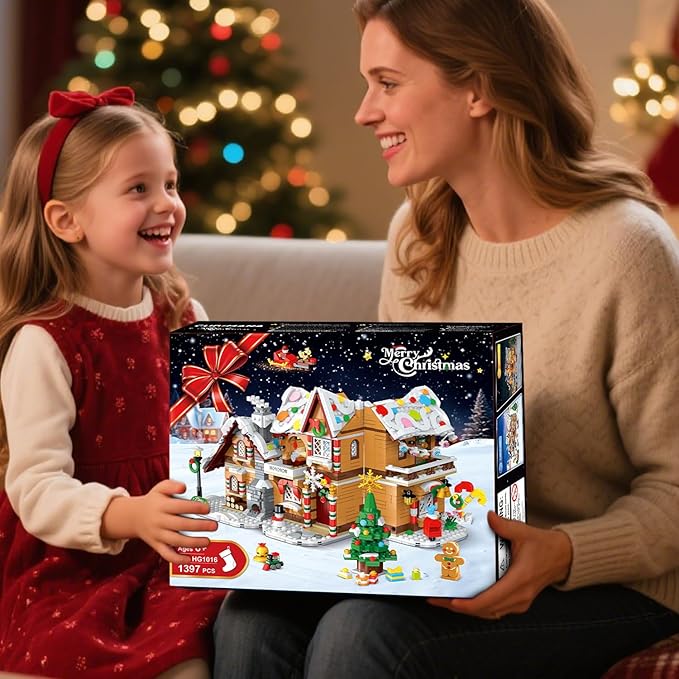 2025 Christmas 3 Style Gingerbread House Building Set with Light - 1477PCS Christmas Village Castle Building Block Toy with Santa Claus Xmas Tree Train for Adult Kids Girl Boy 6+