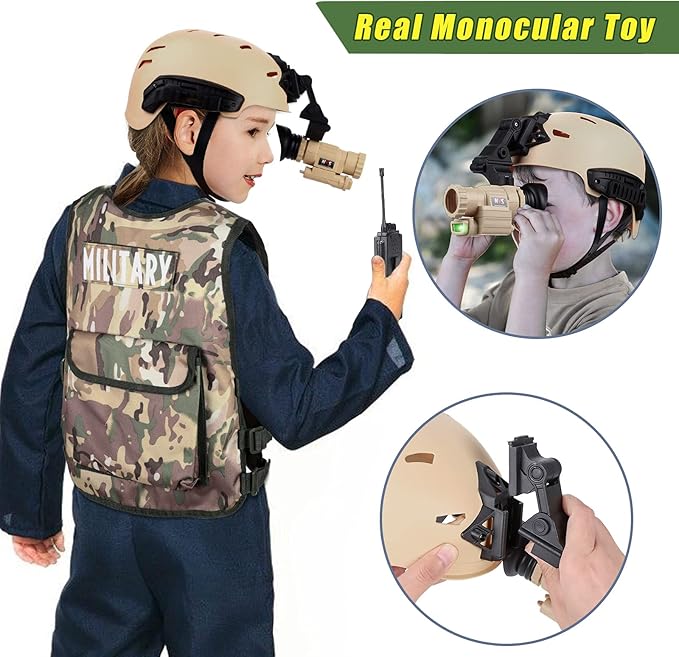Kids Army Military Combat Soldier Costume Halloween Party Role Play Dress up Birthday Gift Set includes Camouflage Vest, Helmet, and Toy Accessories for 3-8 Years Old Toddlers Boys Girls