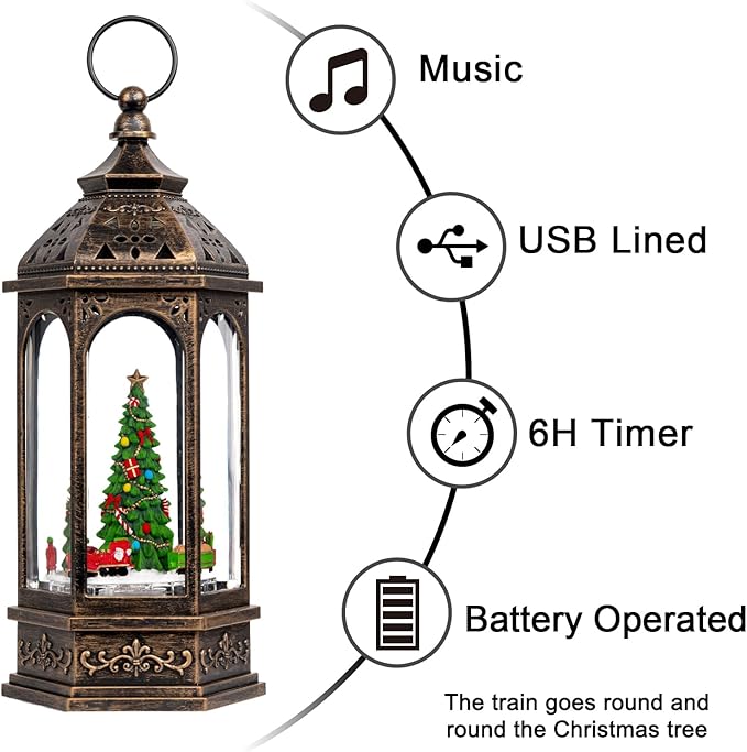 12.8'' Christmas Snow Globe, Santa Train Will Rotate Around The Christmas Tree with Musics Swirling Glitter Water Lantern Decoration for Home, Battery Operated or USB Powered