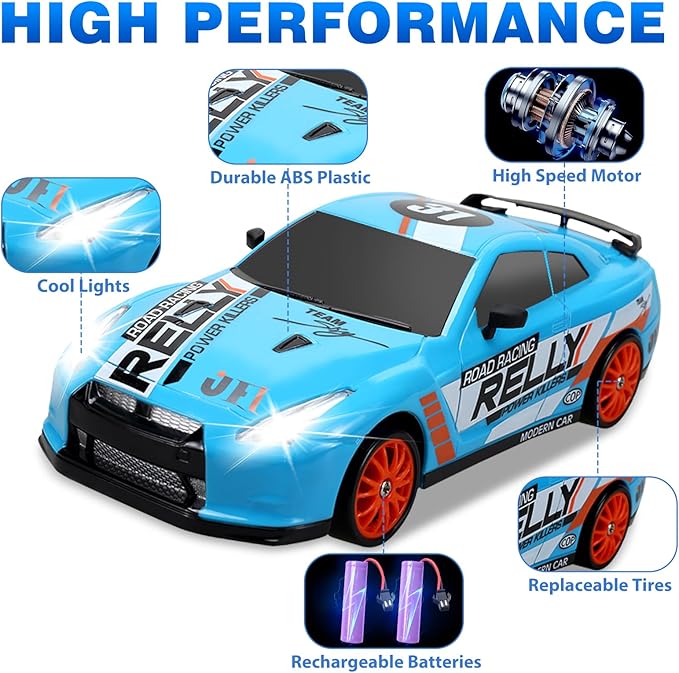 Remote Control Car RC Drift Car 2.4GHz 1:24 Scale 4WD 15KM/H High Speed, Rechargeable High Speed RC Cars with Cool Lights, Two Batteries and Extra Tires Toys for Kids
