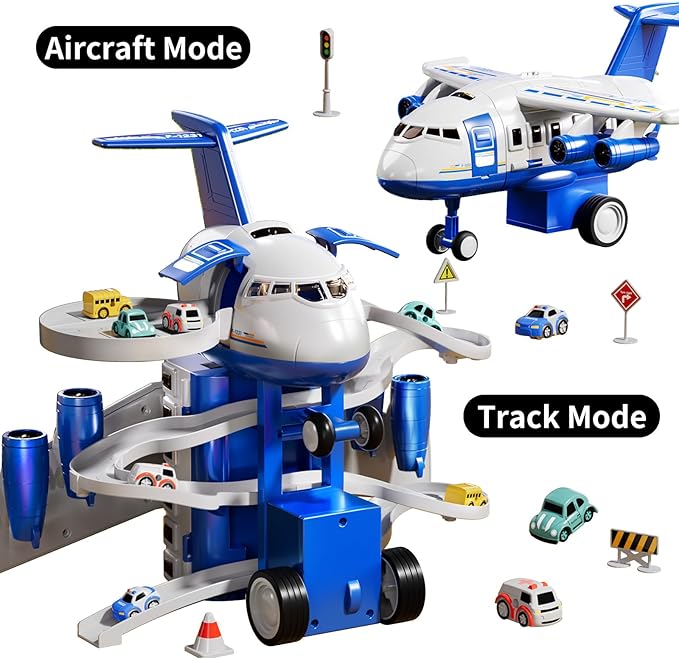 TEMI Kids Airplane Boy Toys for 3 4 5 Year Old Boys - Car Race Tracks for Kids Ages 3-5 with 8 Small Car Toys, Toddlers Educational Toy, Birthday Gifts for Boys 3-5, Birthday Gifts for Boys Girls 3-5