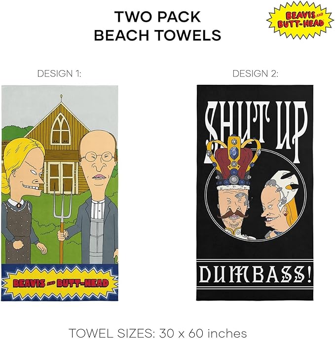 NORTHWEST Beavis and Butt-Head Beach Towel 2-Pack - Soft, Sand-Free, Fast-Drying Oversized Pool Towels, Gothic Rules & Shut Up Designs, 30" x 60"