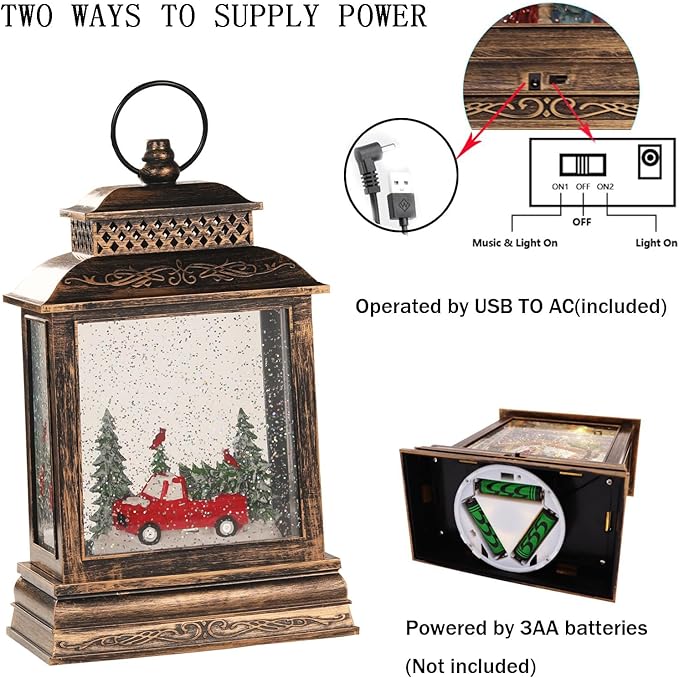 11.75" Christmas Snow Globe Lamp with Christmas Tree & Red Truck Inside,Musical Waterglobe Holiday Decor with 6h Timer,USB Power, Indoor Use for Festive Room Light, Best Gift for Christmas,New Year