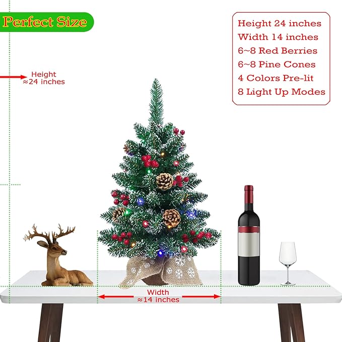 Little Christmas Tree Prelit 24 Inch Mini Christmas Tree for Desktop Decorating - Luxury Christmas Tree with Light| 4 Colors and 8 Modes String Light| Wooden Base and Picture Cloth Bag Wrapped Up