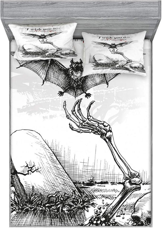 Ambesonne Halloween Fitted Sheet & Pillow Sham Set, Dead Skull Skeleton Out of The Grave and Flying Bat Hand Drawn Spooky Picture, Decorative Printed 3 Piece Bedding Decor Set, Calking, Black Ecru