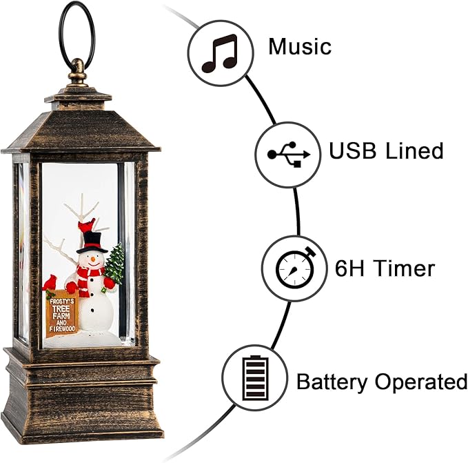 10'' Frosty's Tree Farm Snowman Musical Lighted Snow Globe Water Lantern with Swirling Glitter Decoration for Christmas Home, Living Room, Battery Operated or USB Powered