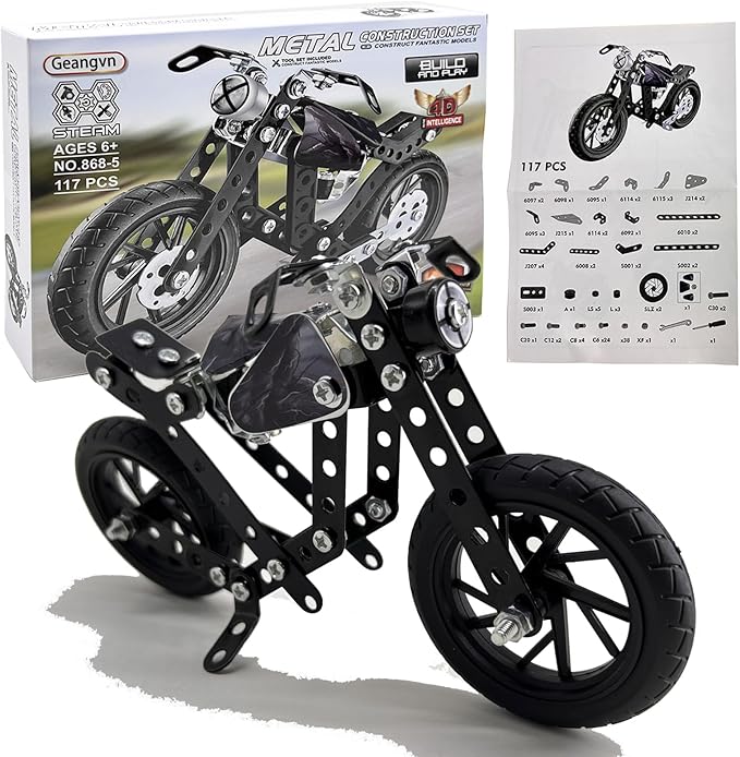 Metal Model Motorcycle Kits - 117 Pcs Erector Sets for Boys Age 8-12, Motobike Building Toys, STEM Kits for Kids Age 8-10, Assembly Car Project for 14 and Up, Gifts for 15 16 Year Old Boys and Adults