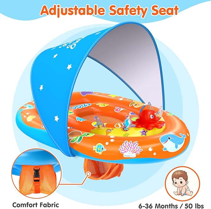 EZIGO Baby Pool Float with Canopy UPF 50+ Sun Protection, Double Air Chambers Infants Swimming Floats with Sound Toys Adjustable Safety Seat Toddler Float for Boys and Girls 6-36 Months