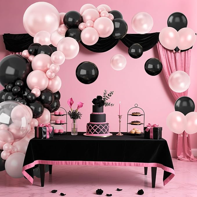 Pearl Pink and Black Balloon Arch Kit, Double Stuffed Pink Black Balloons Garland 18/12/10/5 Inch Pearl Balloons for Baby Shower Birthday Wedding Bridal Shower Party Decor