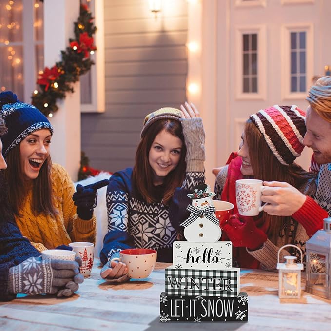 4 Pcs Christmas Table Decor Snowman Wooden Table Decorations Winter Tiered Tray Decor Christmas Centerpiece Rustic Let It Snow Block Signs Gift for Winter Wonderland Party Home kitchen Shelf