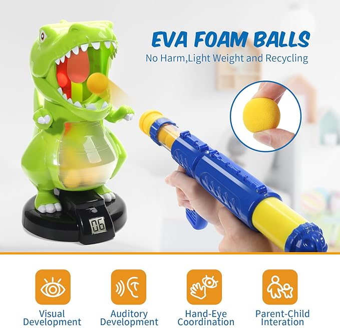 EagleStone Dinosaur Shooting Toys for Boys 5 6 7 8 9 Years Old, Electronic Kids Target Games w/ Air Pump Gun, LCD Score Record, Sound, 24 Foam Balls, Birthday Party Favor,Christmas Gifts for Toddlers