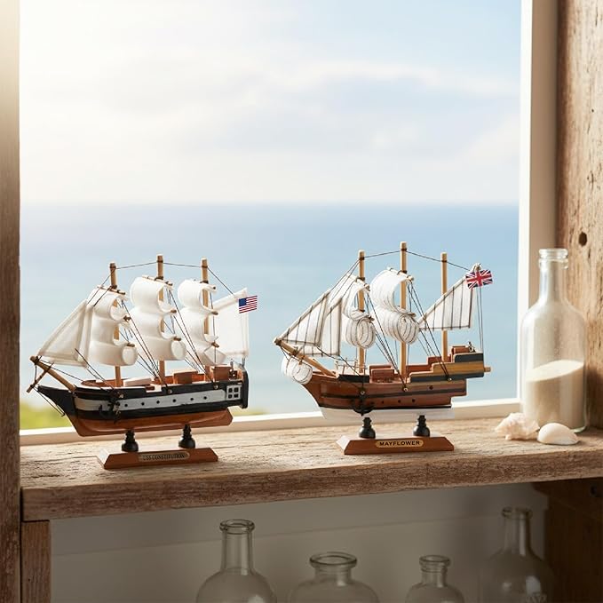 Historic Wooden Ship Models 6inch Set 3 Pack, Mayflower, Santa Maria, USS Constitution, Nautical Home Sailboat Decor Gift for Son