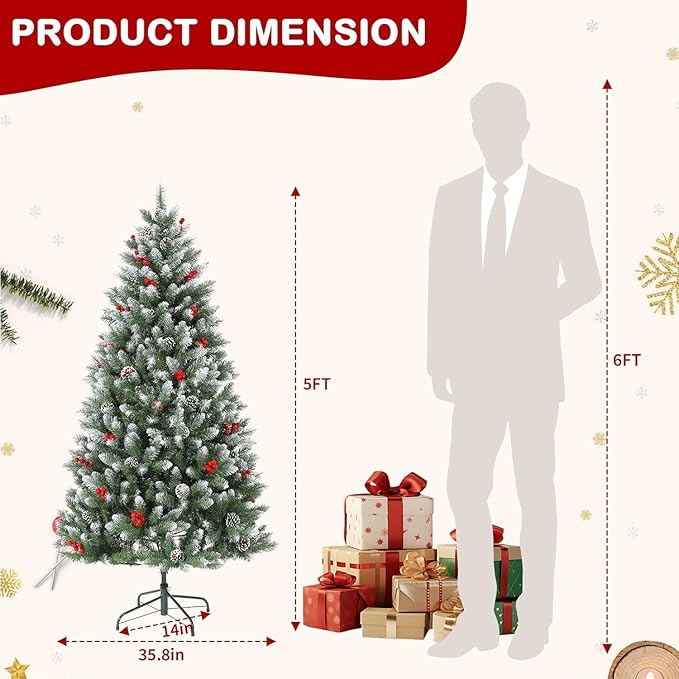 5Ft Christmas Tree Slim - Pencil Xmas Tree with Pine Cones & Berries | Artificial Xmas Tree with Metal Stand,Easy to Install