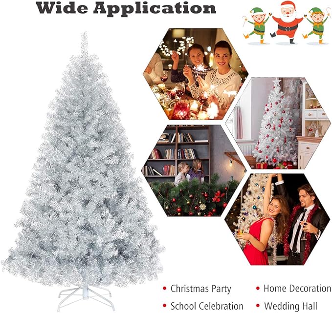 GOFLAME 6 FT Artificial Christmas Tree Hinged with 1036 Branch Tips, Silver Tinsel Christmas Tree with Metal Stand, Electroplated Technology for Indoor and Outdoor Holiday Decoration