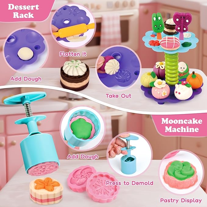 93 PCS 4 in 1 Dough Sets for Kids Ages 3-4-8, Art Crafts Dough Tools Kit, Dinosaur Dentist Playset, Ice Cream, Mooncake Maker Machine, Dessert Rack, Kitchen Creations Food Play Toys Boys Girls
