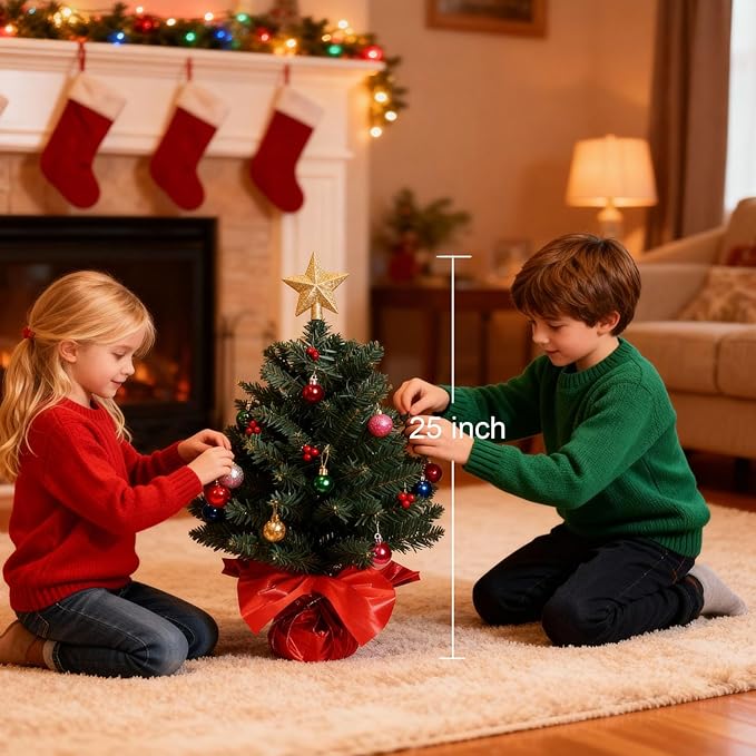 24 Inch Tabletop Christmas Tree, Artificial Mini Xmas Pine Tree with LED String Lights and Ornaments,Christmas Decoration Tree Decor-Red