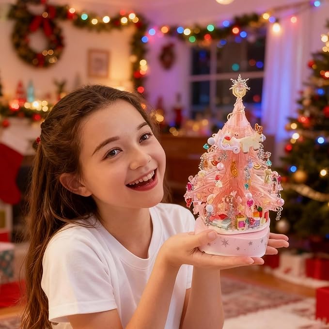 Pink Christmas Tree Building Blocks Music Box - DIY Buildable Christmas Decoration, Rotating Music Box, for Girls, Festive Atmosphere Light