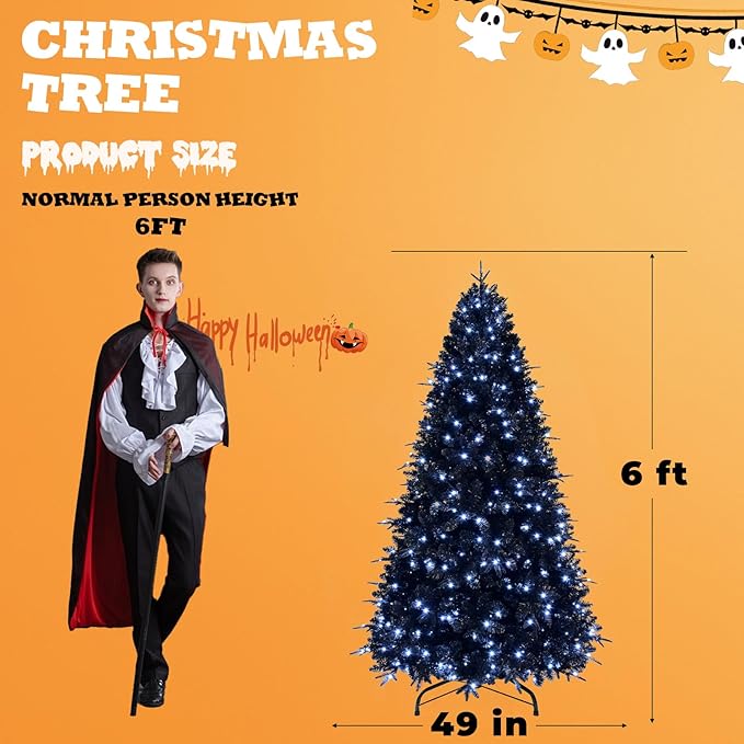 6FT PreLit Black Christmas Tree with 350 Lights, Artificial Fake Christmas Tree with 1460 PE&PVC Branch Tips, Halloween and Xmas Tree for Holiday Decorations, Metal Stand and Hinged Branches