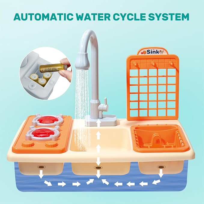 CUTE STONE Pretend Play Kitchen Sink Toys with Play Cooking Stove, Pot and Pan with Spray Realistic Light and Sound, Dish Rack & Play Cutting Food, Utensils Tableware Accessories for Kids Toddlers