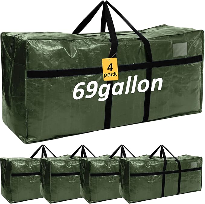 Windyun 4 Pack 69 Gallon Extra Large Storage Bag XXL Moving Bag with Zipper Handle Heavy Duty Jumbo Big Tote Box for Halloween Skeleton 4-12 Feet Christmas Tree Storage College Dorm Cloth (Army Green)