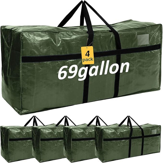 Windyun 4 Pack 69 Gallon Extra Large Storage Bag XXL Moving Bag with Zipper Handle Heavy Duty Jumbo Big Tote Box for Halloween Skeleton 4-12 Feet Christmas Tree Storage College Dorm Cloth (Army Green)