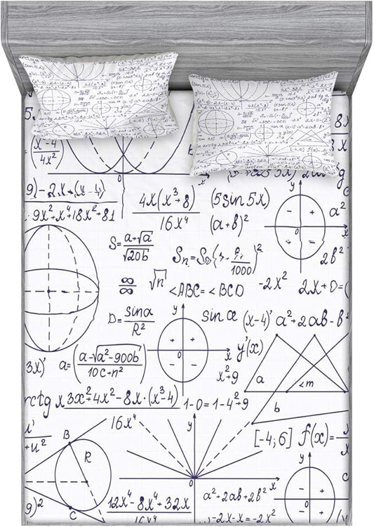 Ambesonne Modern Fitted Sheet & Pillow Sham Set, Classic Math Geometry Science Themed Numbers Pattern on Plain Background, Decorative Printed 2 Piece Bedding Decor Set, Full, Dark Purple and White