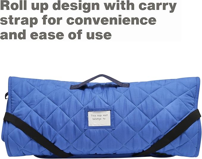 EVERYDAY KIDS Cute Preschooler and Toddler Cot Nap Mat for Home, Daycare, Preschool and Kindergarten; Easy to Roll Sleeping Mat with Elastic Straps, Pillow and Blanket