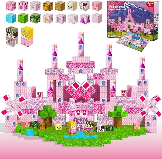 100PCS Magnetic Building Blocks for Kids – Pink Princess Castle Magnetic STEM Toys & Cubes, Squares Sets, Princess Gifts for 3-8 Years Old Girls, Birthday Gifts