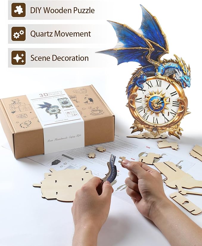 3D Wooden Puzzles for Adults, Blue Dragon Clock with Pendulum Model Kit, 3D Puzzles for Adults Room Home Decor DIY Wall Clock Kit, Holiday Birthday Christmas Day Gifts for Men Women Teens