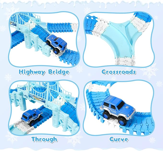 Frozen Race Track Toys for Girls Ages 3-8, 224 PCS Princess Castle Car Toys with Magic Bendable, 2 Monster Truck, Flexible DIY Track Set, Christmas Birthday Gifts for 3 4 5 6 7 8 Year Olds Toddler Kid