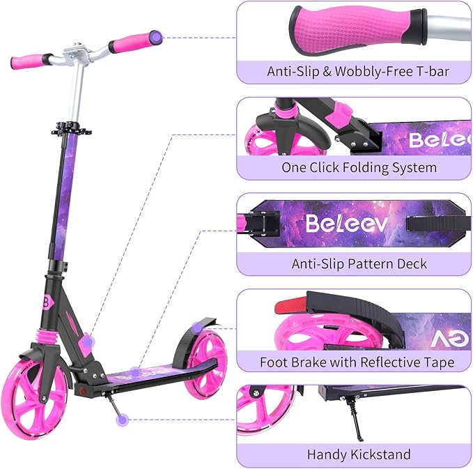 BELEEV V8 Scooters for Kids Ages 6+ with Light-Up Deck, 2 Wheel Folding Scooter for Adults Teens, 4 Adjustable Height, Lightweight Sport Commuter Scooter, Sturdy Frame, Max Load 220 lbs