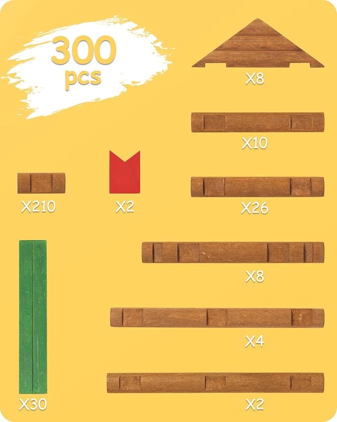 SainSmart Jr. 300 PCS Wooden Log Cabin Set Building House Toy for Toddlers, Classical STEM Construction Kit Compatible with Lincoln Logs for 3+ Kids