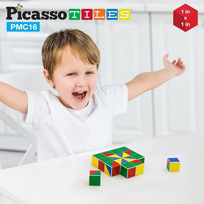 Picasso Cubes 16 Piece Magnetic Puzzle Game Magic Cube Puzzles Brain Teaser Set Kids Toy Magnet Pattern Block Matching Toys with Free Ideabook 100+ Inspirations Included STEM Learning Early Education