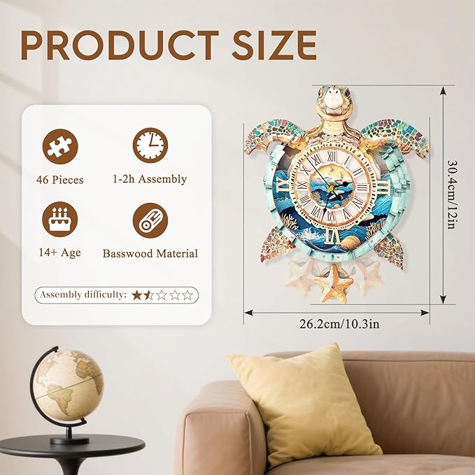 3D Puzzles for Adults Clock-Turtle Design Model Kit-Mechanical DIY Pendulum Clock with Roman Numerals-Desk Home Office Decor Personalized Gift for DIY Lovers